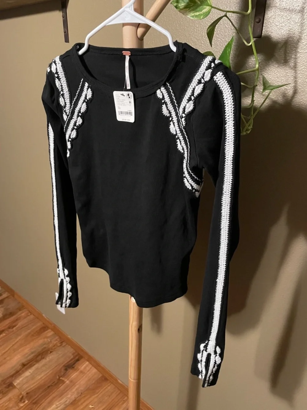 NWT Free People Lost Love Black Long-Sleeve Crewneck Top with White Trim